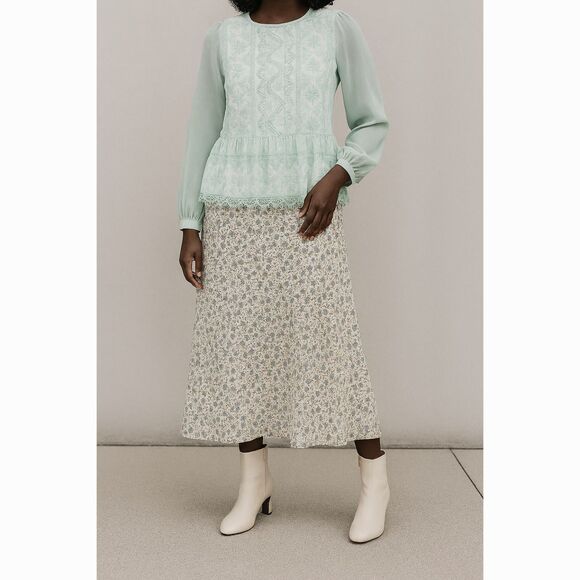 Sweet Rain Floral Lace Peplum Blouse Sheer Long Sleeves Soft Green Sz. L Fairy - Picture 2 of 9